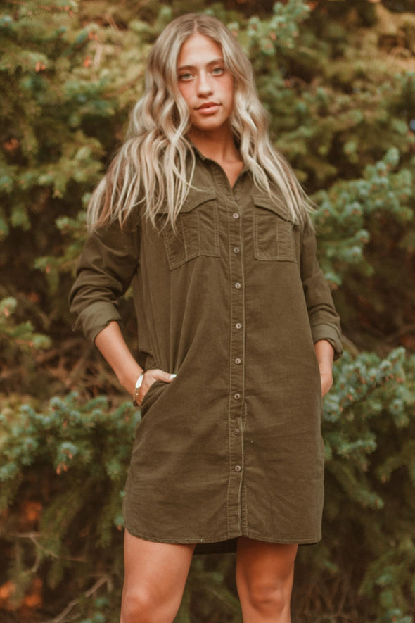 OAT Cord Utility Shirt Dress in Olive