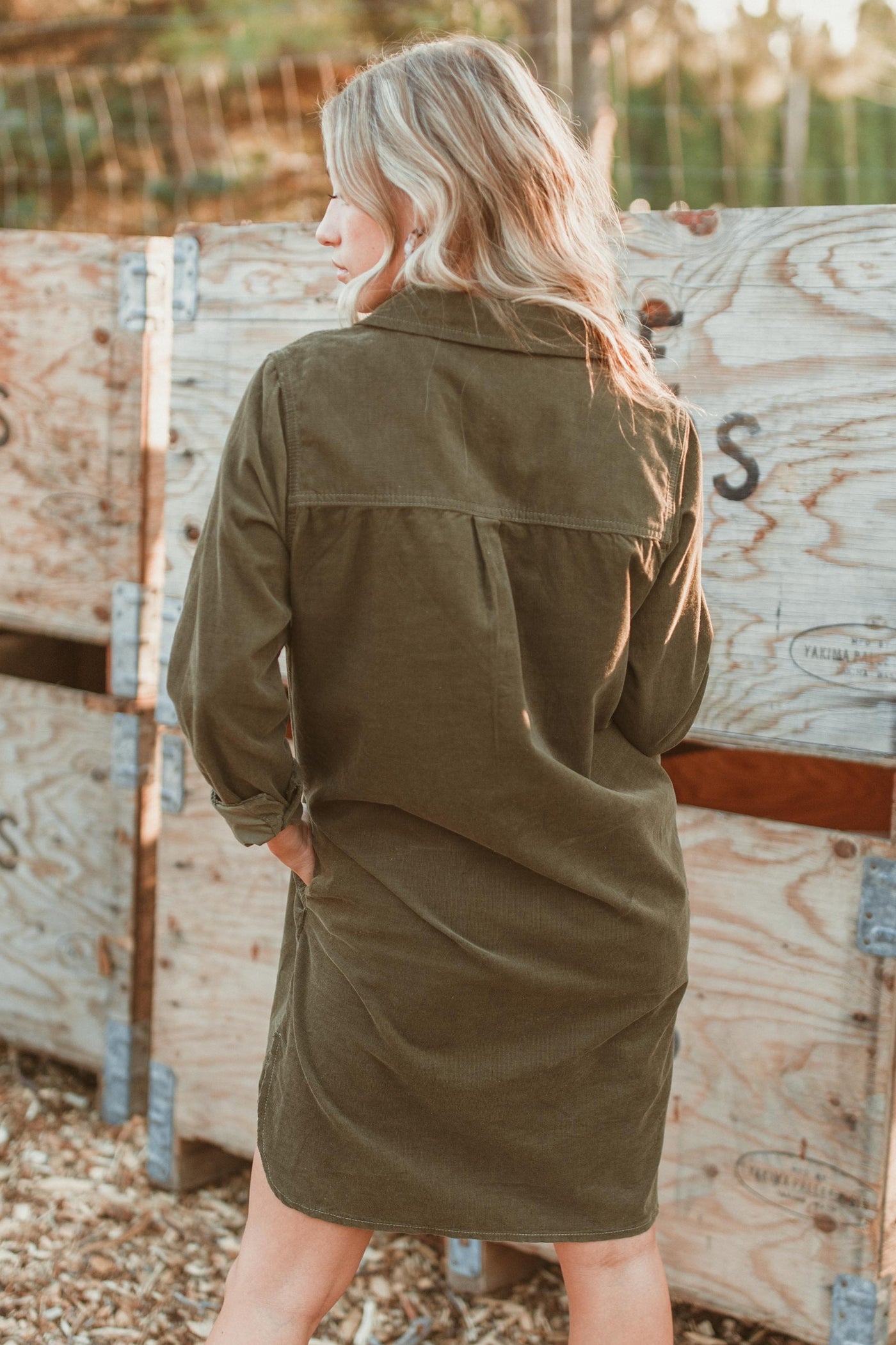 OAT Cord Utility Shirt Dress in Olive ROBBIE + CO. OAT Cord Utility Shirt Dress in Olive ROBBIE + CO.
