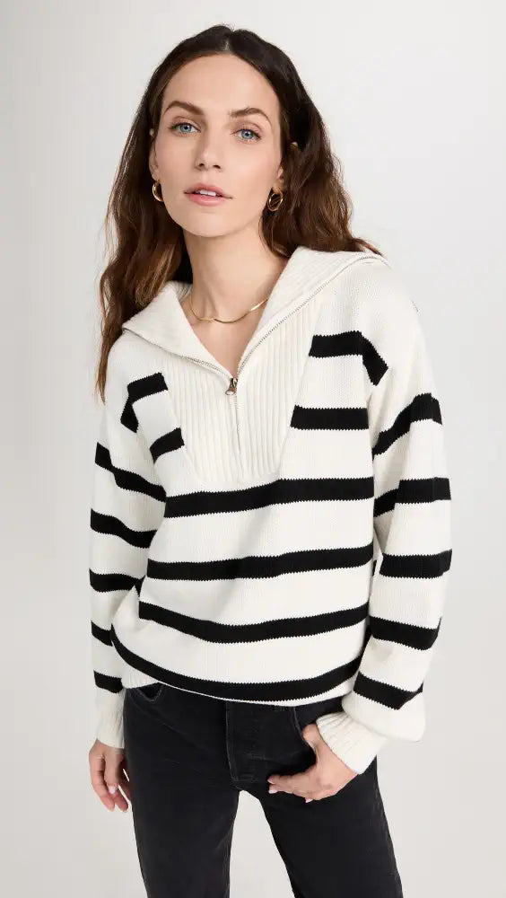 English Factory Striped Knit Zip Pullover in White – ROBBIE + CO.