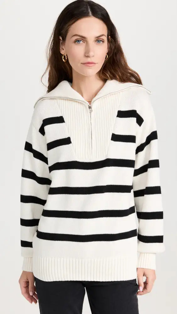 English Factory Striped Knit Zip Pullover in White