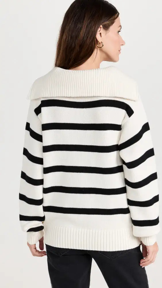 English Factory Striped Knit Zip Pullover in White