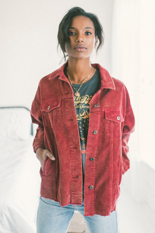 Cord Shirt Jacket in Scarlet