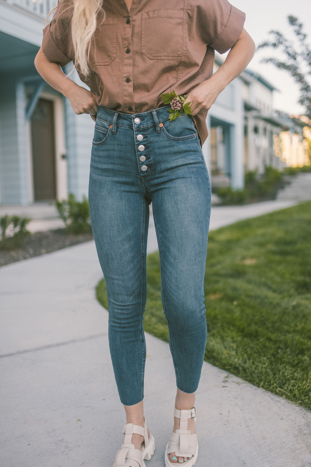 High Waisted Button Detail Skinny Jeans
